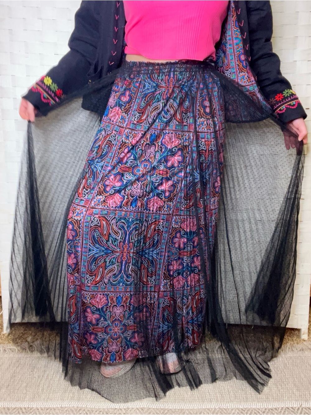 Jade Boho Floral Paisley Tulle Overlay Maxi Skirt Size Large